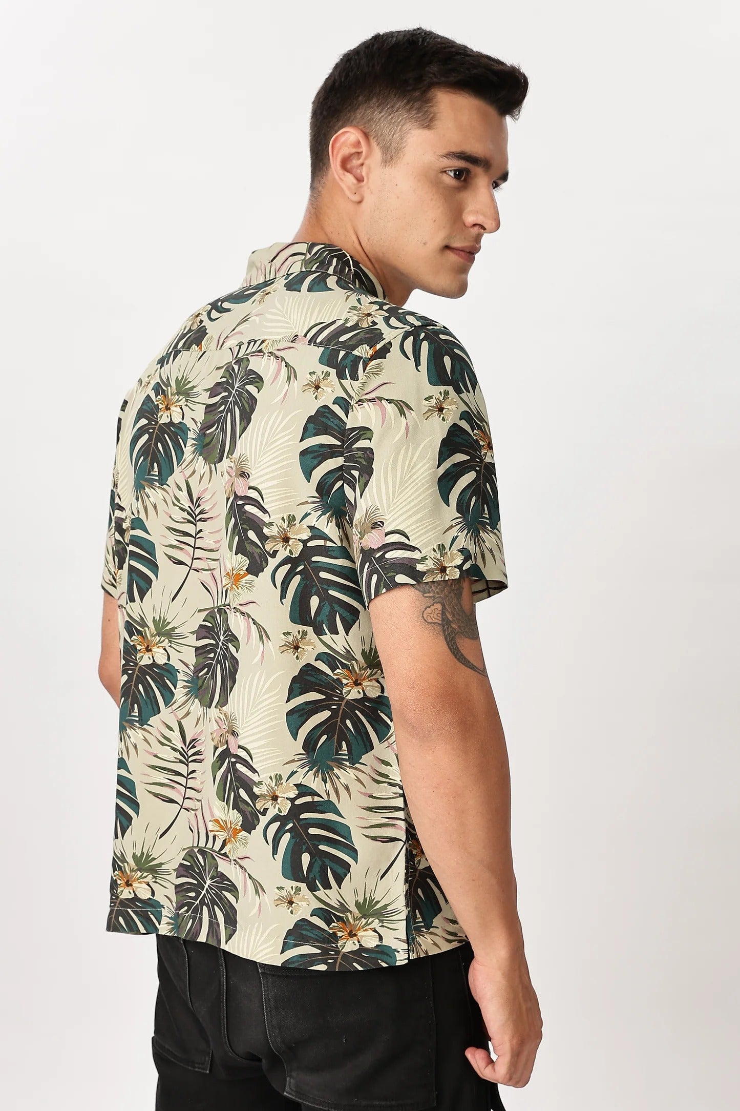 Forcrew Men's Tropical Leaf Print Half Sleeve Casual Shirt