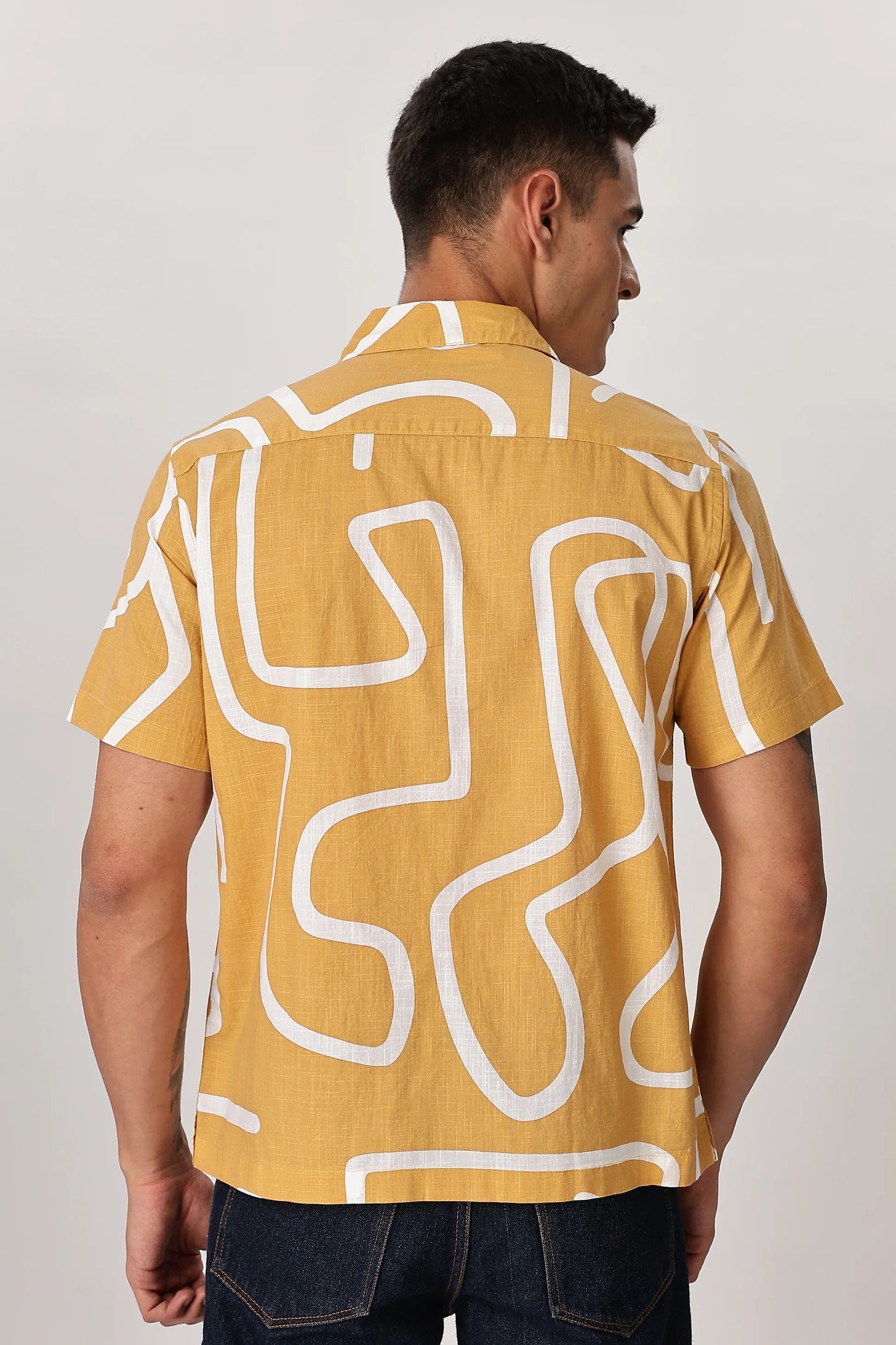 Forcrew Men's Mustard Abstract Print Half Sleeve Casual Shirt