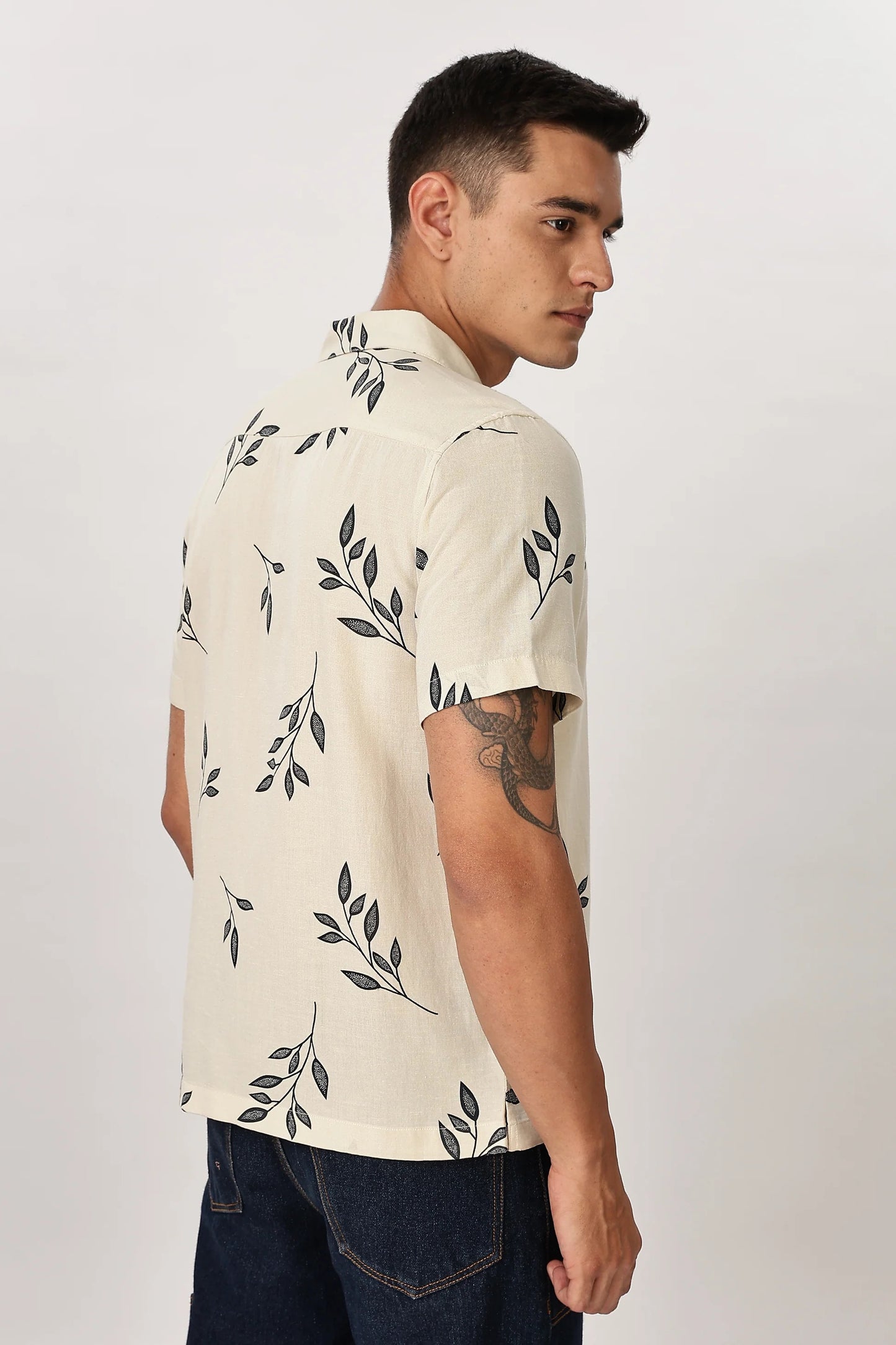 Forcrew Men's Off White Leaf Print Half Sleeve Casual Shirt