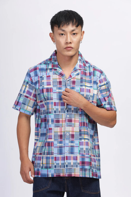 Forcrew Men's Multicolor Patchwork Check Half Sleeve Casual Shirt