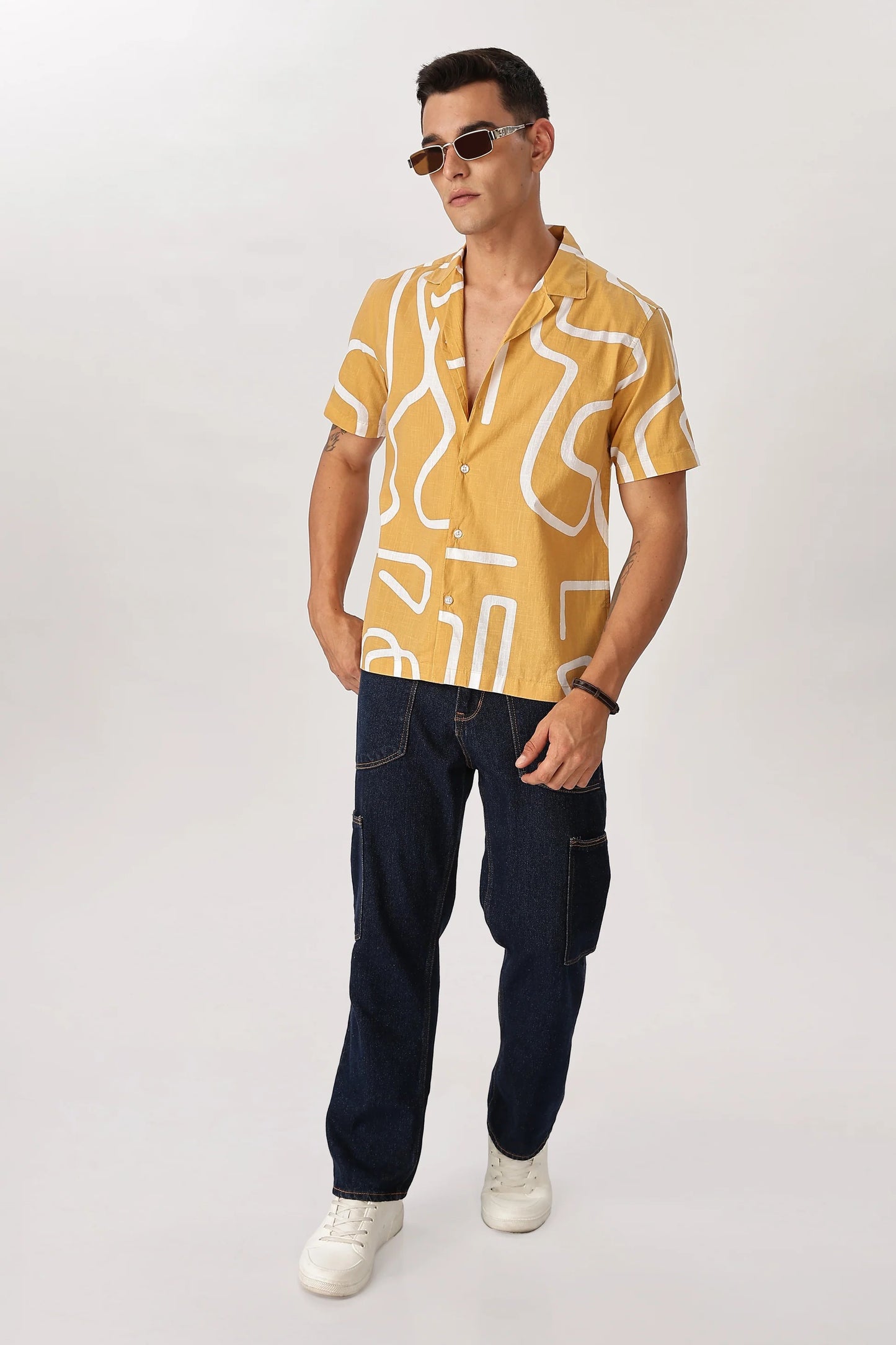 Forcrew Men's Mustard Abstract Print Half Sleeve Casual Shirt