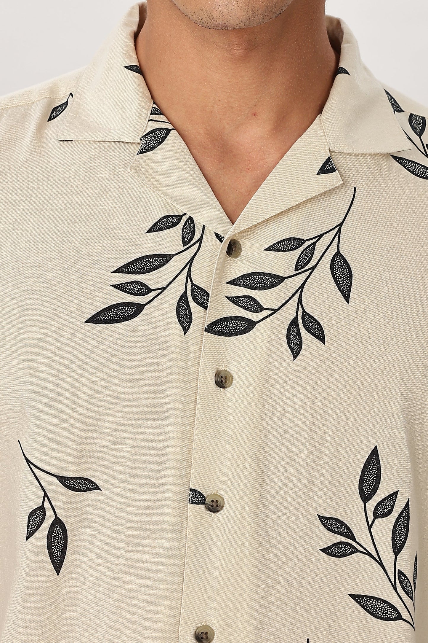 Forcrew Men's Off White Leaf Print Half Sleeve Casual Shirt