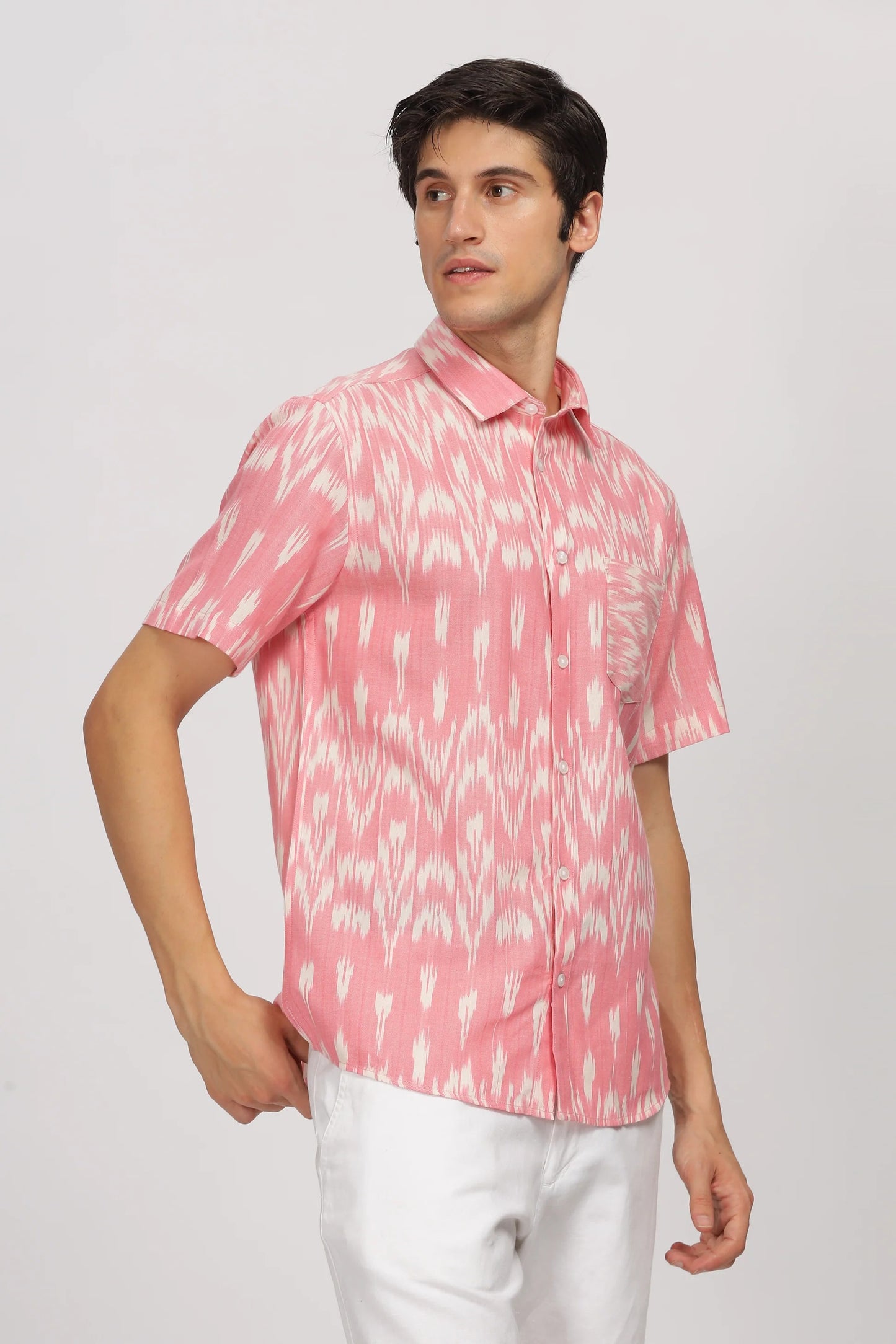 Forcrew Men's Pink Ikat Print Half Sleeve Casual Shirt
