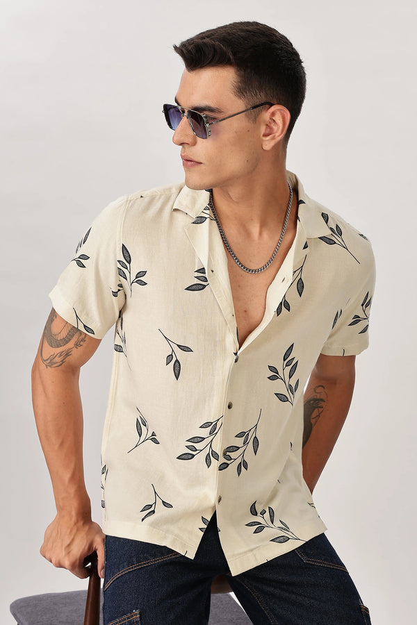 Forcrew Men's Off White Leaf Print Half Sleeve Casual Shirt