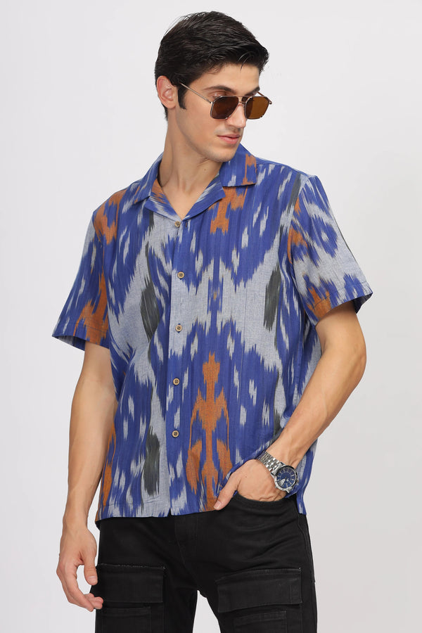 Forcrew Men's Premium Blue Ikat Print Half Sleeve Casual Shirt
