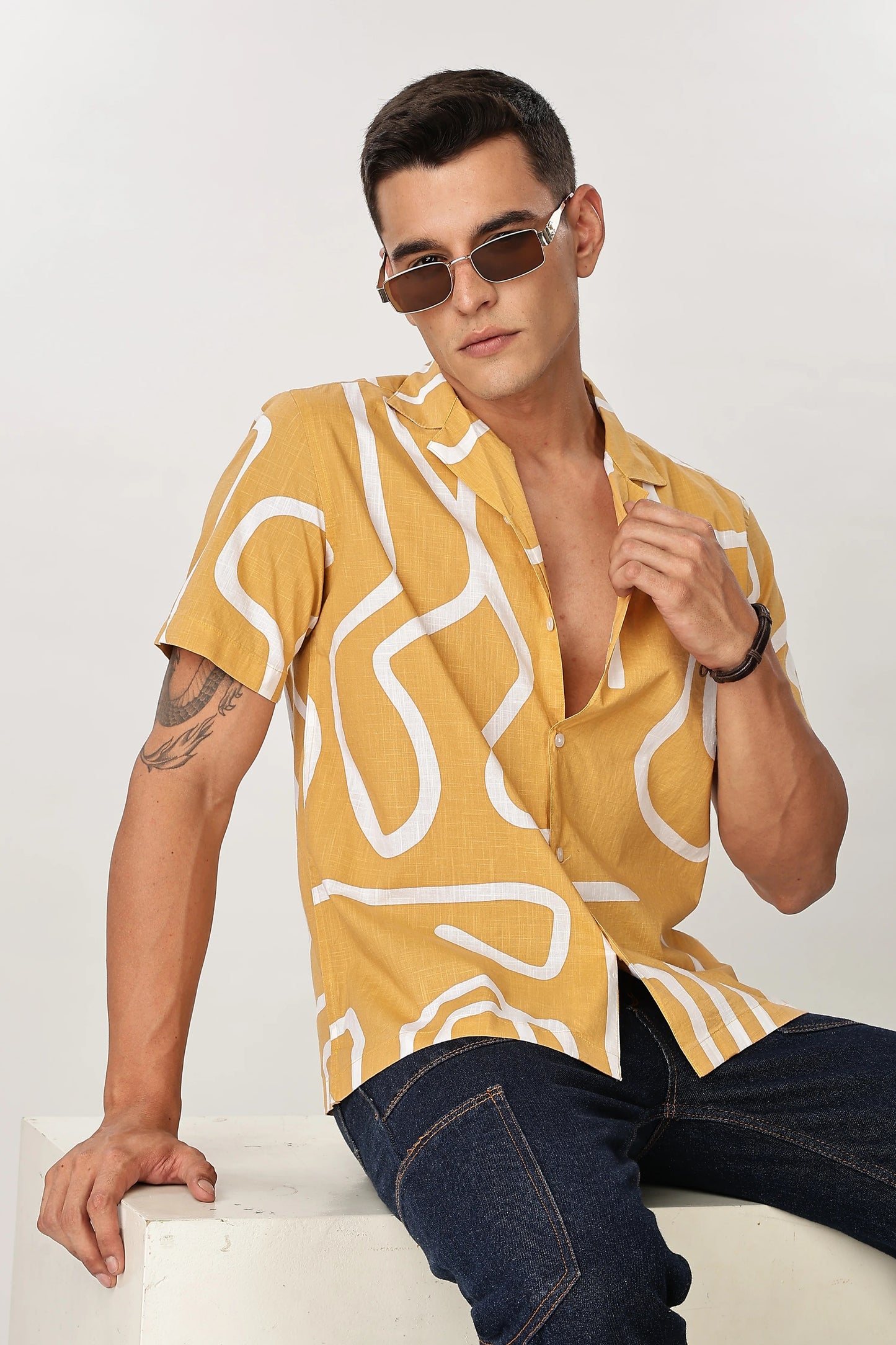 Forcrew Men's Mustard Abstract Print Half Sleeve Casual Shirt