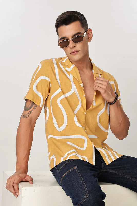 Forcrew Men's Mustard Abstract Print Half Sleeve Casual Shirt
