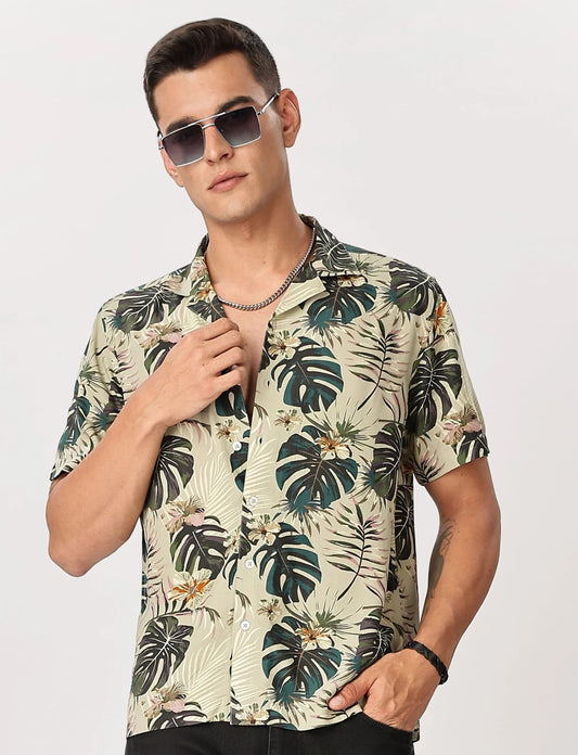 Forcrew Men's Tropical Leaf Print Half Sleeve Casual Shirt