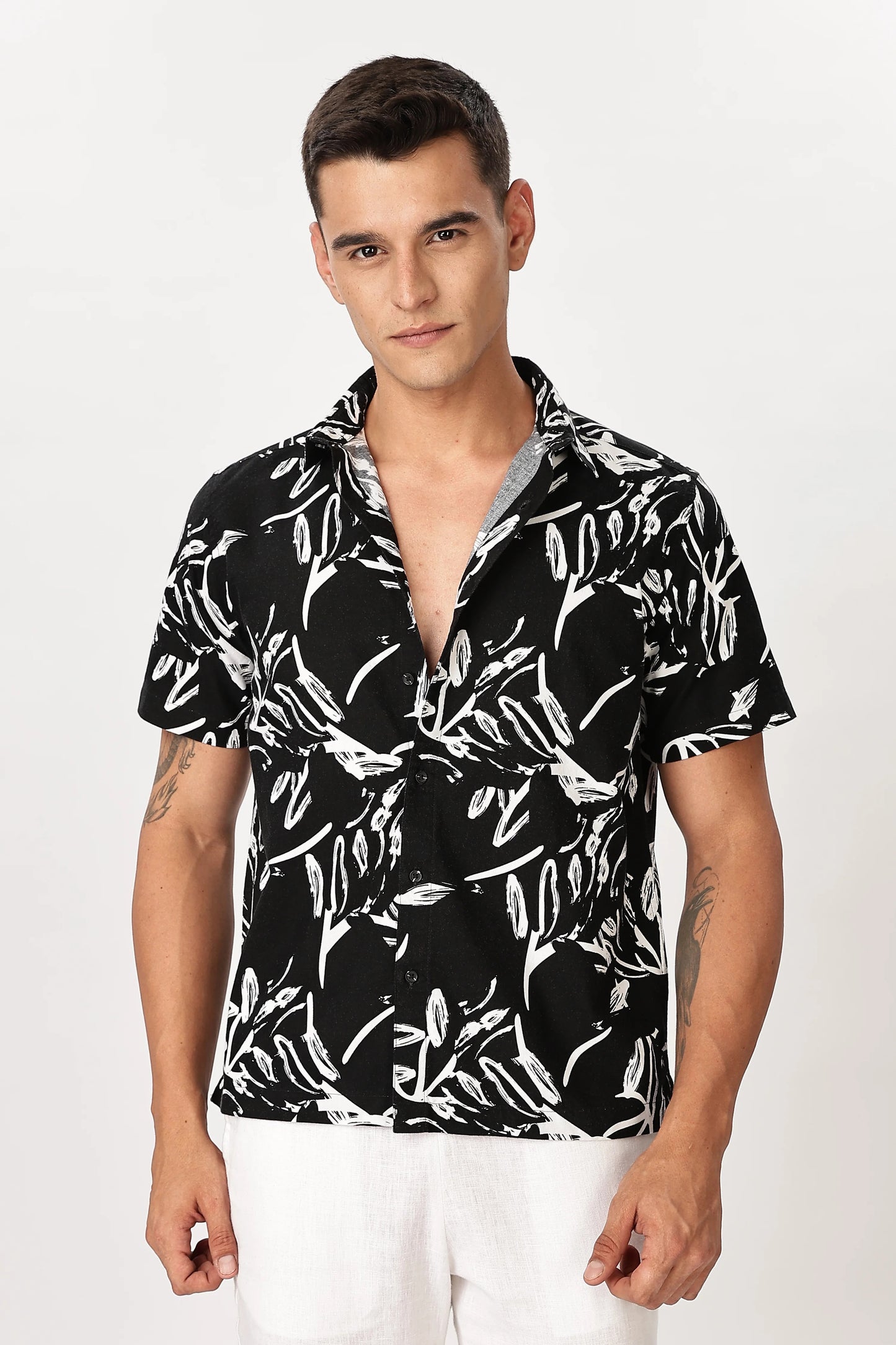 Forcrew Men's Black Abstract Print Half Sleeve Casual Shirt
