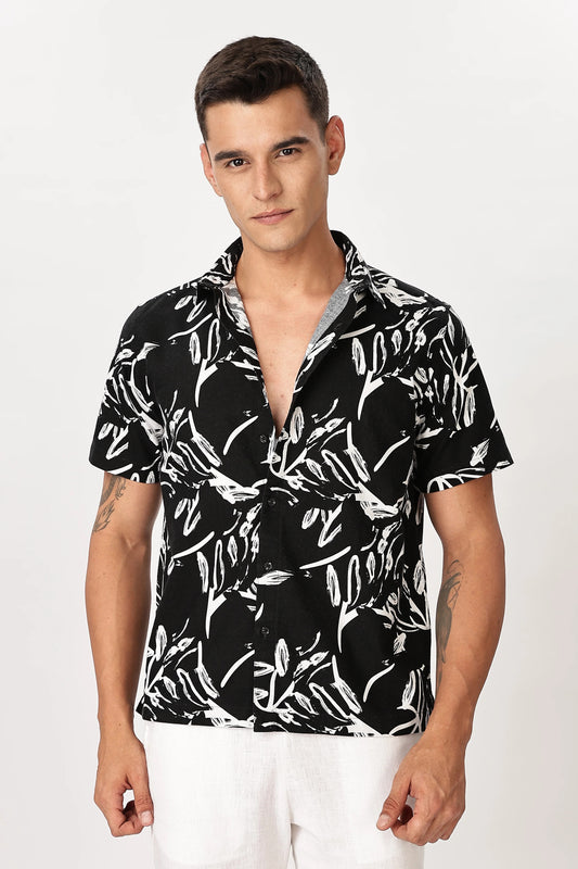 Forcrew Men's Black Abstract Print Half Sleeve Casual Shirt