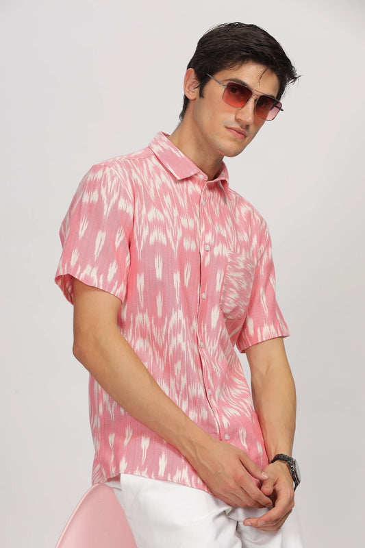 Forcrew Men's Pink Ikat Print Half Sleeve Casual Shirt