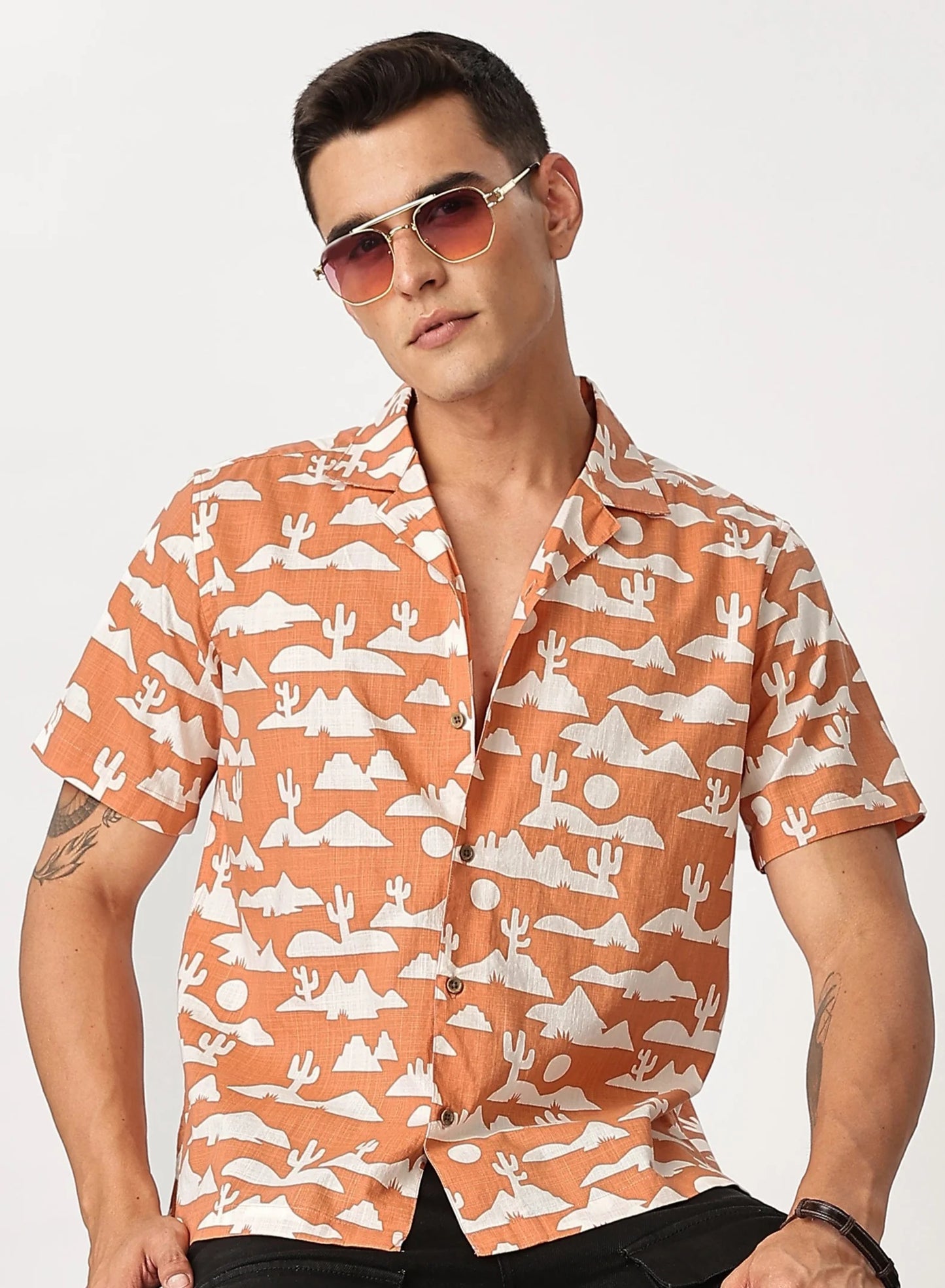 Forcrew Men's Peach Desert Print Half Sleeve Casual Shirt
