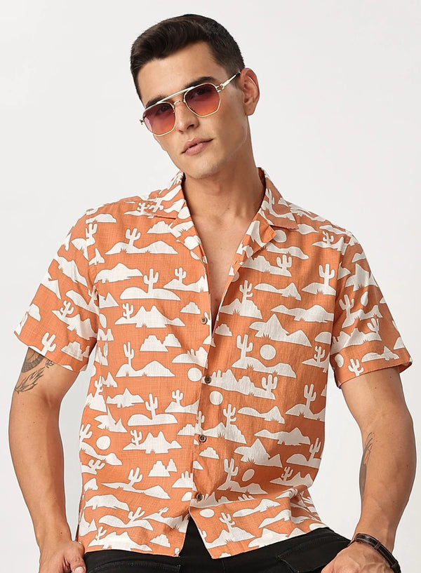 Forcrew Men's Peach Desert Print Half Sleeve Casual Shirt